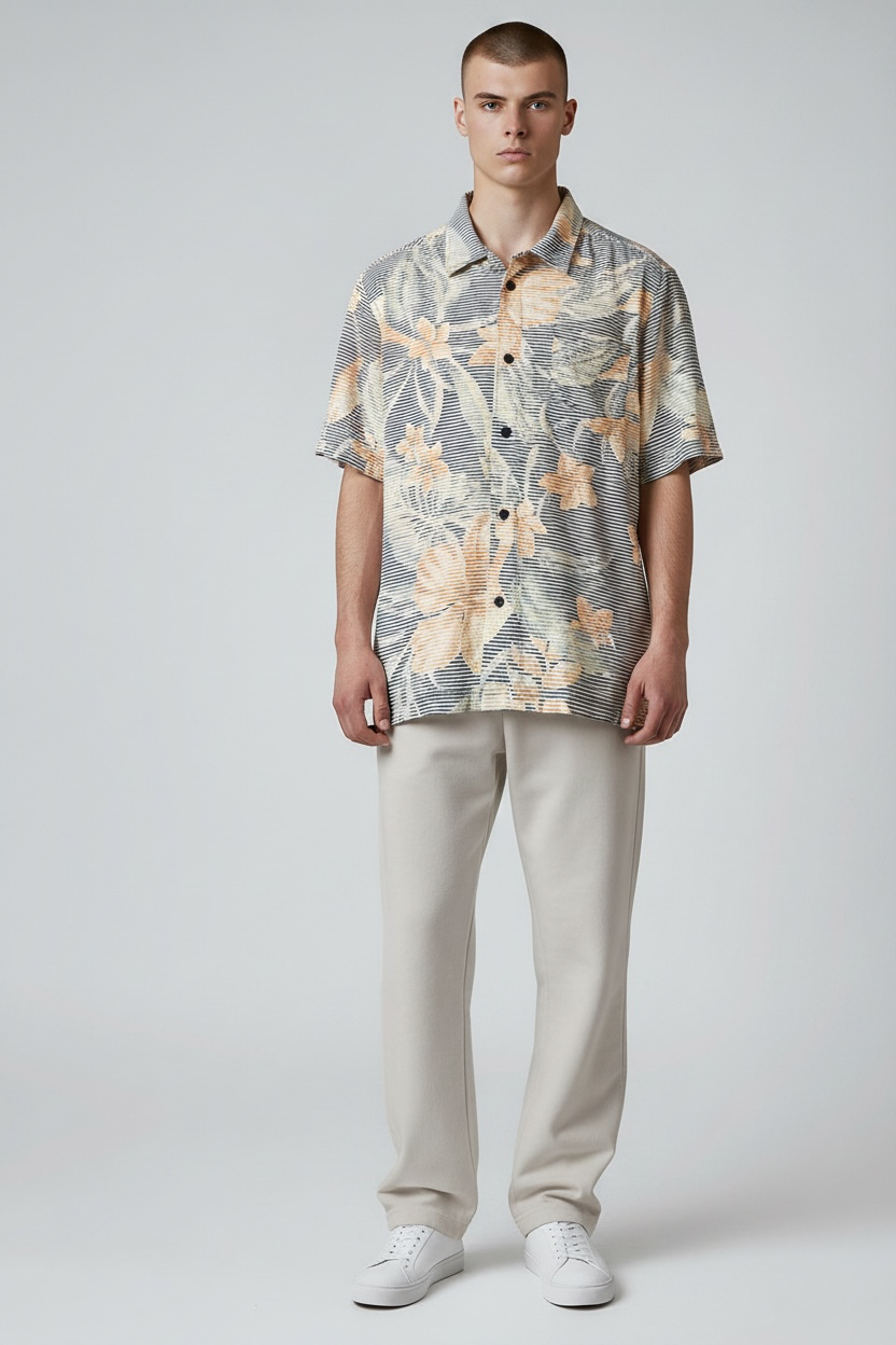 Aloha Bay Originals Men's Black Striped Orange Floral Short Sleeve Button-Down Shirt 2
