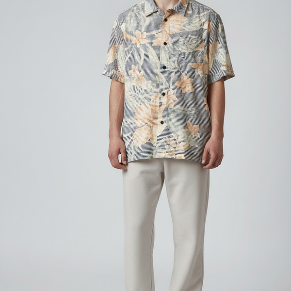 Aloha Bay Originals Men's Black Striped Orange Floral Short Sleeve Button-Down Shirt