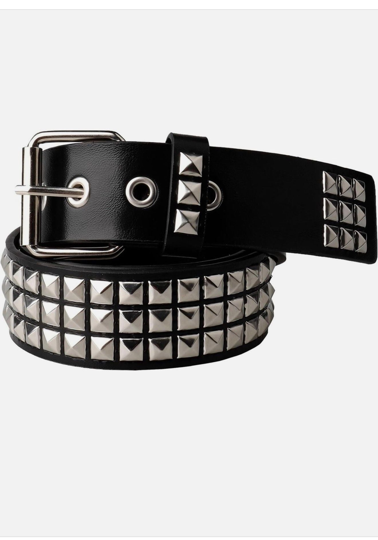 Black 3-Row Pyramid Studded Punk Rock Belt with Silver Hardware 4
