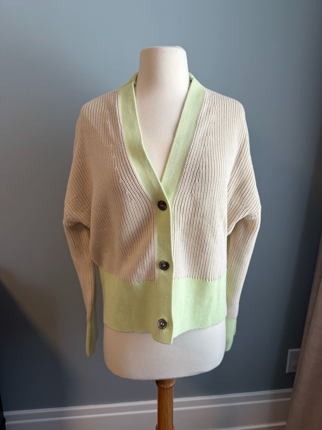 COS Cotton Ribbed Knit Colorblock Cardigan Sweater Green Cream Size S 3