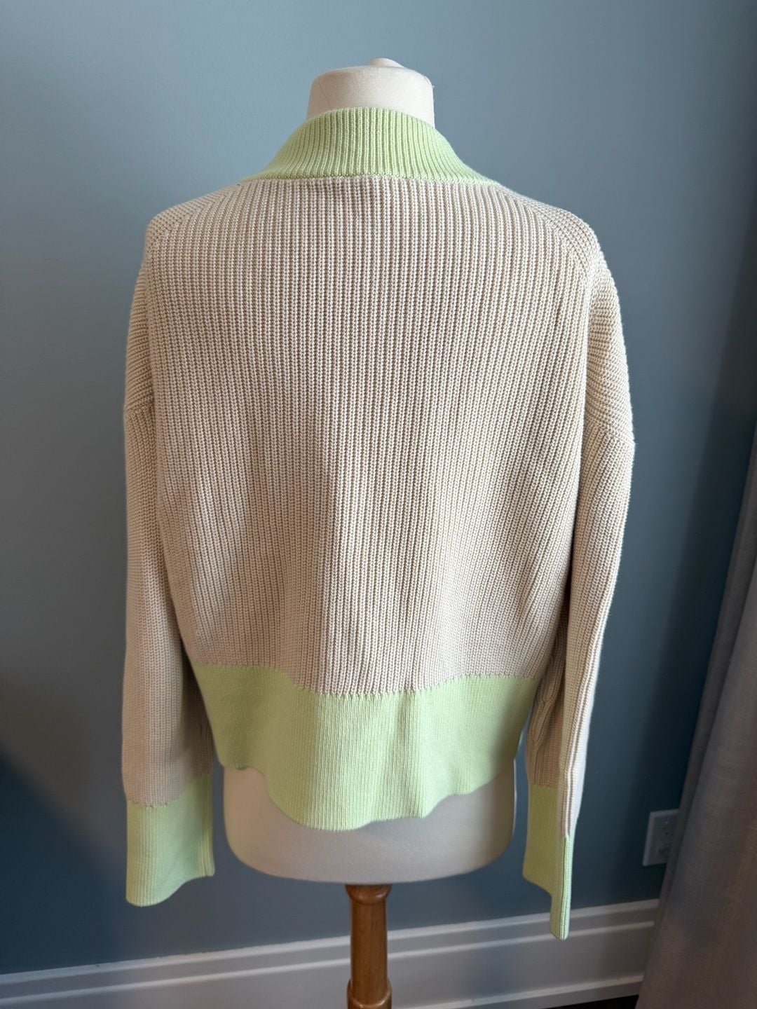 COS Cotton Ribbed Knit Colorblock Cardigan Sweater Green Cream Size S 4