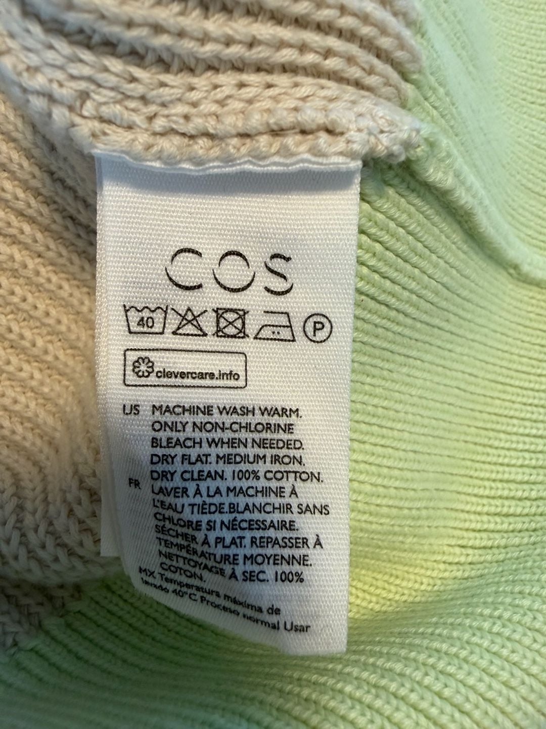 COS Cotton Ribbed Knit Colorblock Cardigan Sweater Green Cream Size S 7