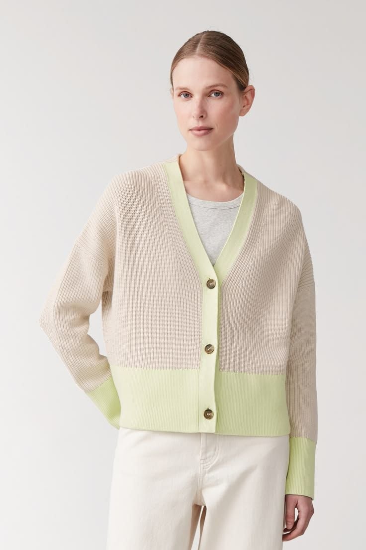 COS Cotton Ribbed Knit Colorblock Cardigan Sweater Green Cream Size S 2