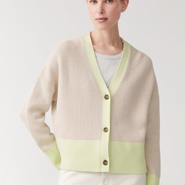 COS Cotton Ribbed Knit Colorblock Cardigan Sweater Green Cream Size S