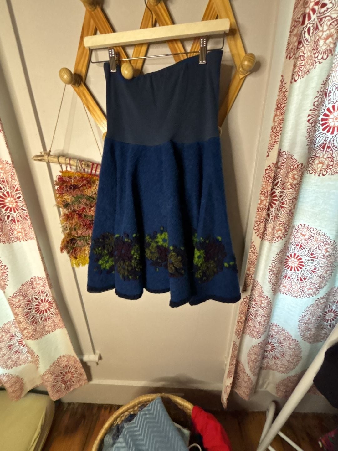 Boho Wool Felted Floral Hem Blue Skirt 2