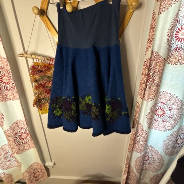 Boho Wool Felted Floral Hem Blue Skirt