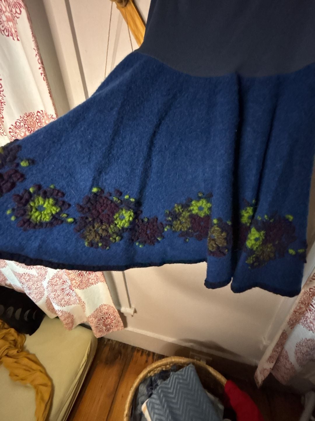 Boho Wool Felted Floral Hem Blue Skirt 3