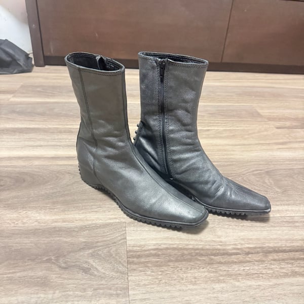 Pons Quintana Asymmetrical Leather Rubber Stud Mid Calf Wedge Boots