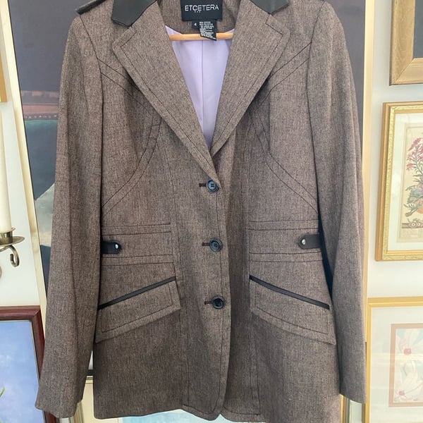 Etcetera Brown Wool Blend Blazer with Leather Collar Size 4