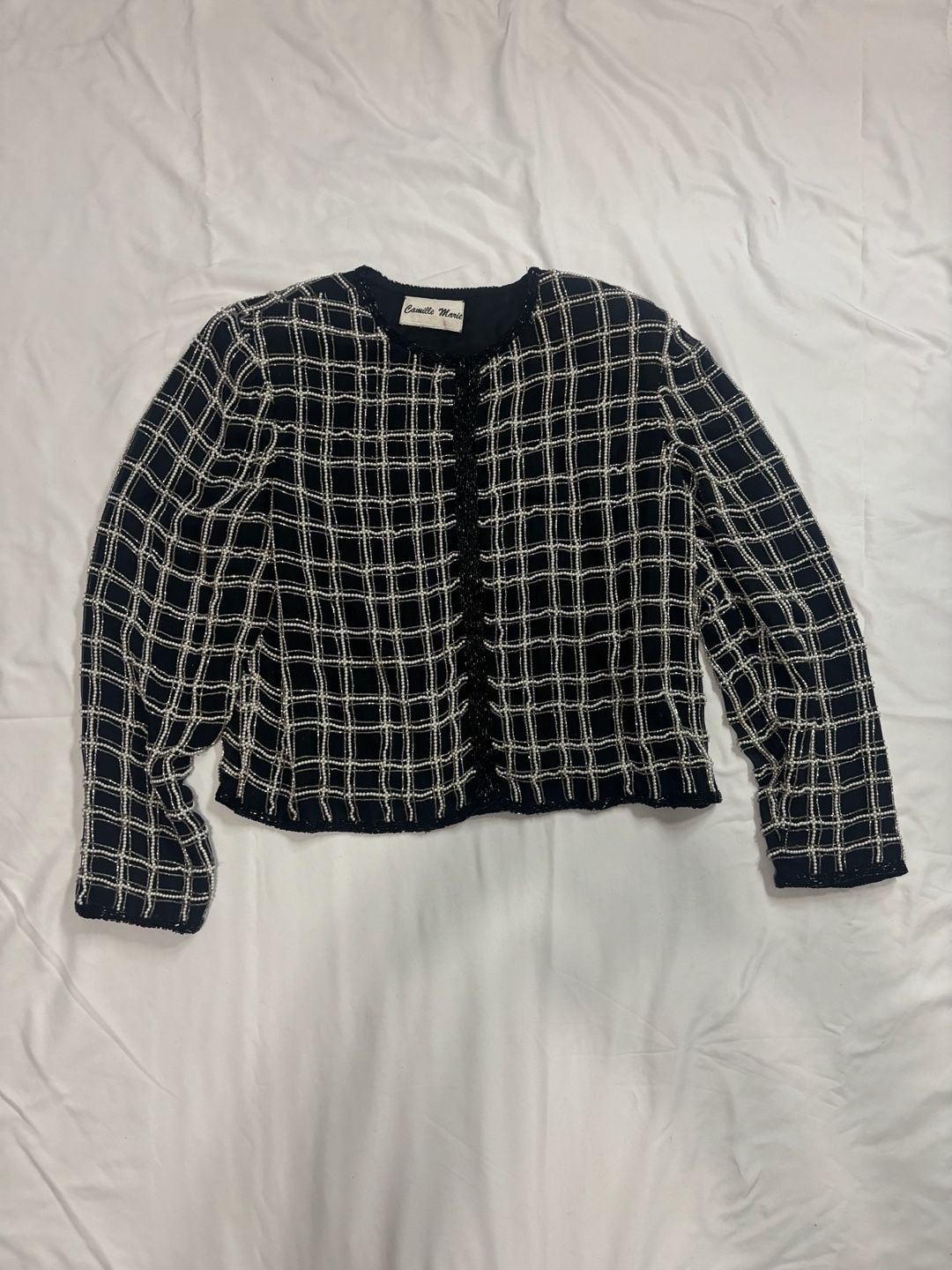 Camille Marie Black and White Beaded Grid Pattern Open Front Jacket 2