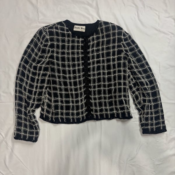 Camille Marie Black and White Beaded Grid Pattern Open Front Jacket
