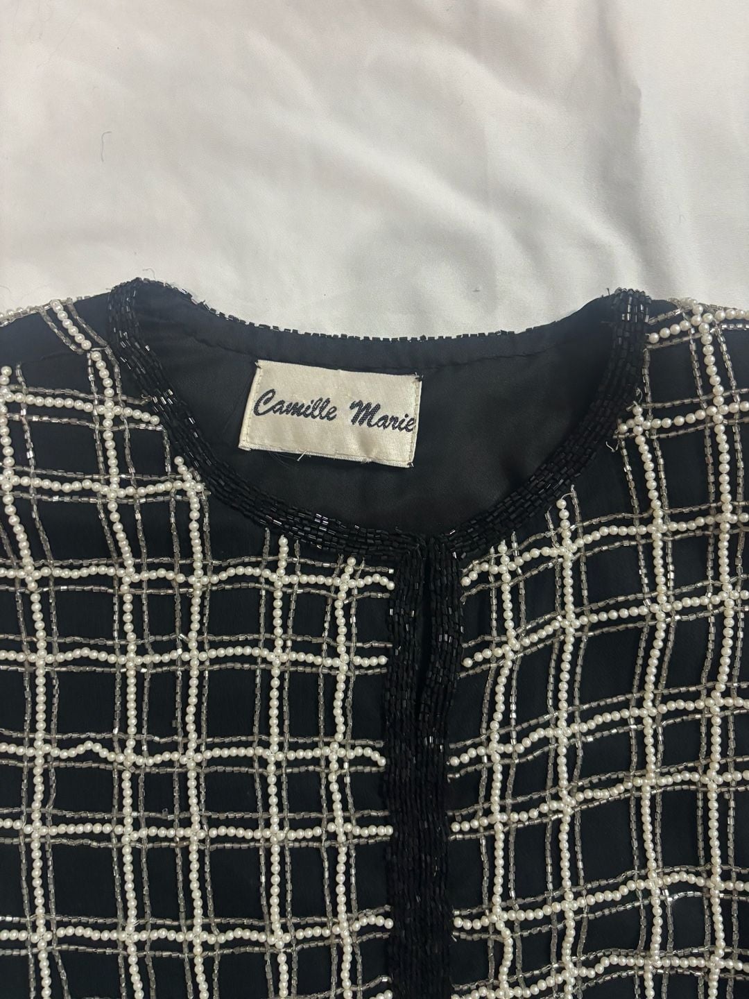 Camille Marie Black and White Beaded Grid Pattern Open Front Jacket 3