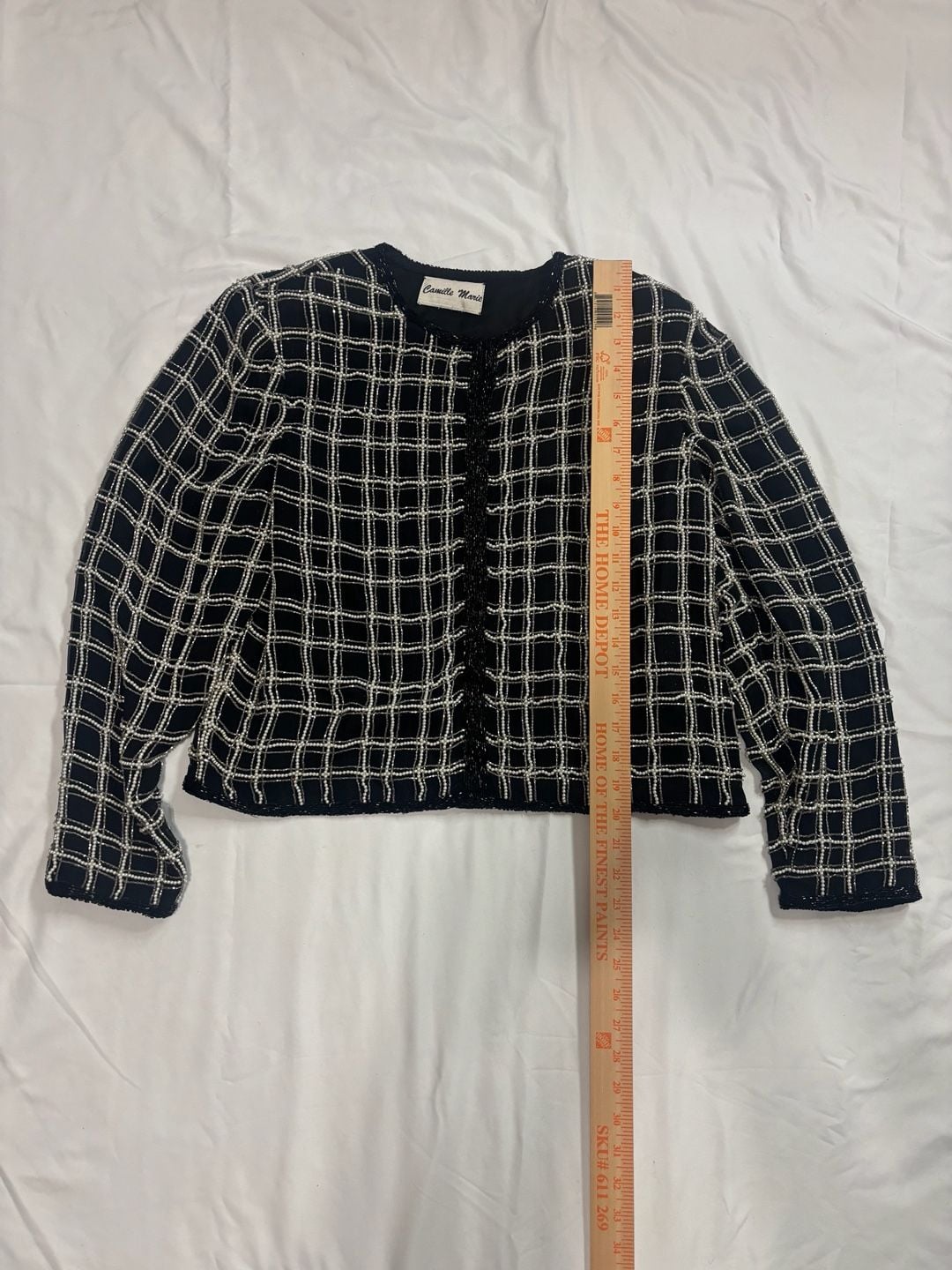 Camille Marie Black and White Beaded Grid Pattern Open Front Jacket 5