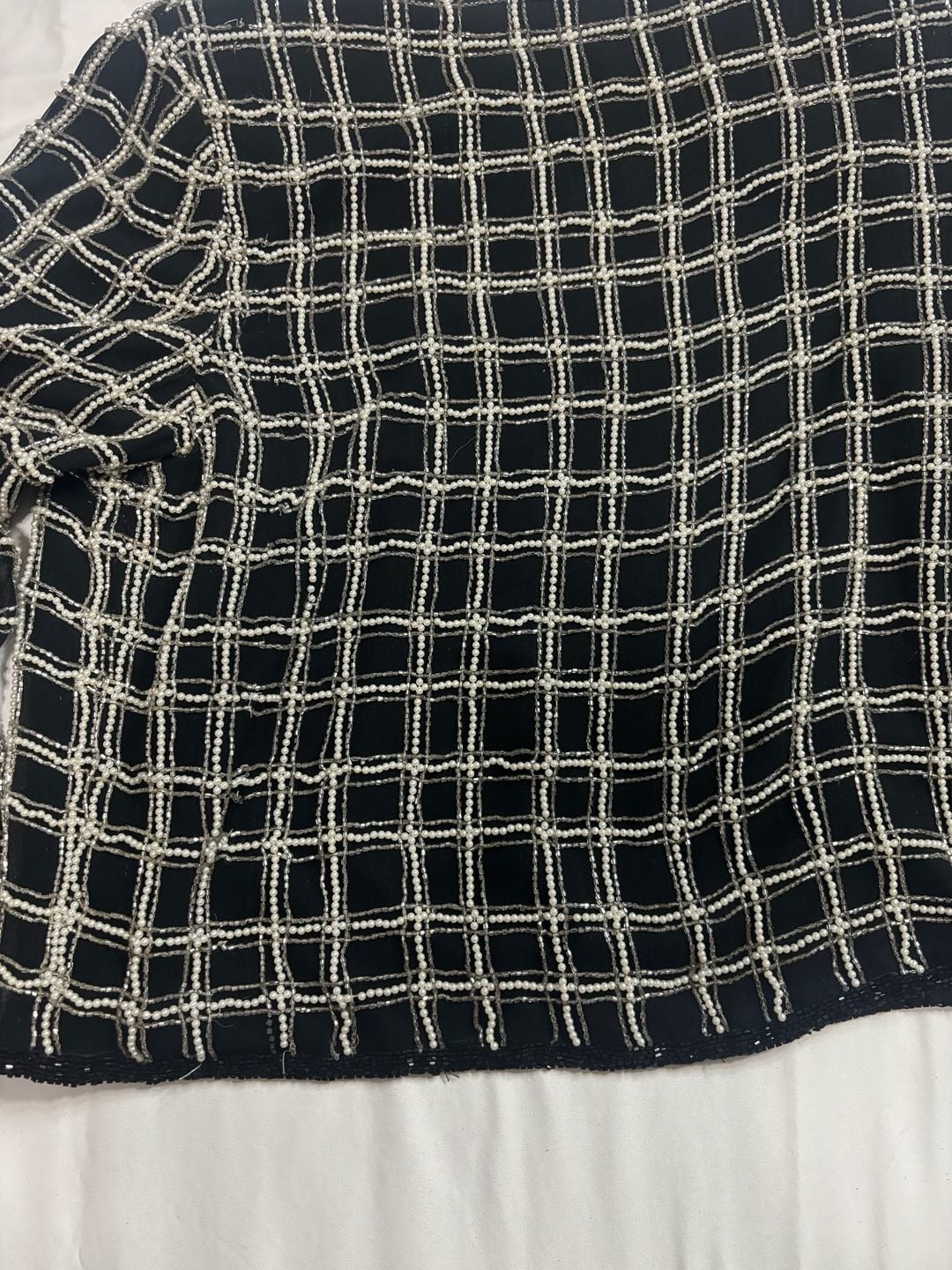 Camille Marie Black and White Beaded Grid Pattern Open Front Jacket 8