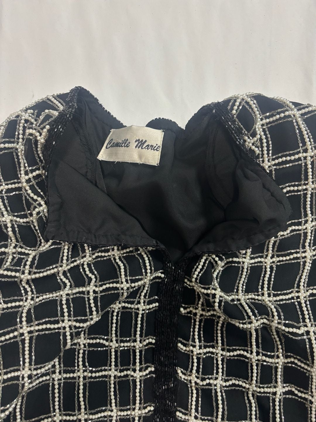 Camille Marie Black and White Beaded Grid Pattern Open Front Jacket 9