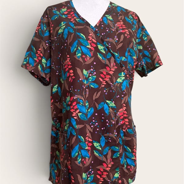 Fall scrub top brown floral leaf v neck