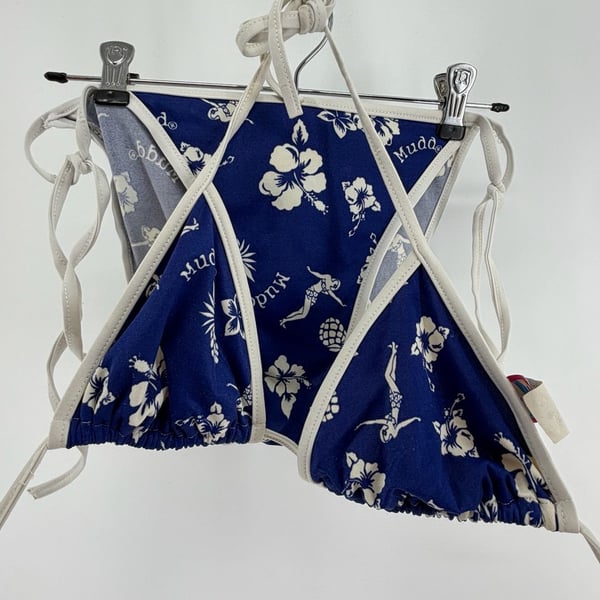 Y2K Mudd Swim Bikini Set Large Blue Hibiscus Hawaiian Pinup String USA