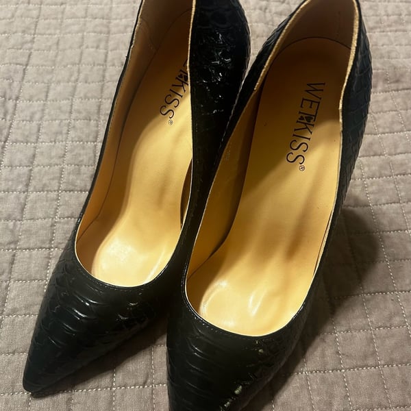 Wetkiss Black Faux Snakeskin Pointed Toe Block High Heel Pumps AN157 Sz 37