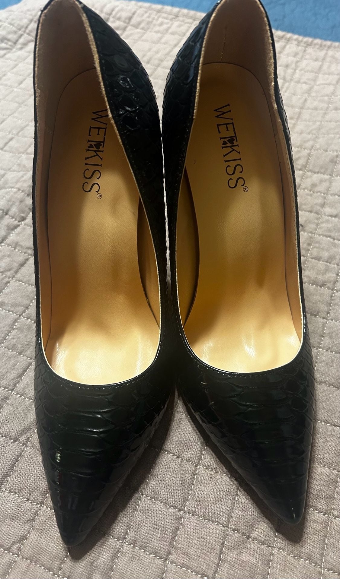 Wetkiss Black Faux Snakeskin Pointed Toe Block High Heel Pumps AN157 Sz 37 3