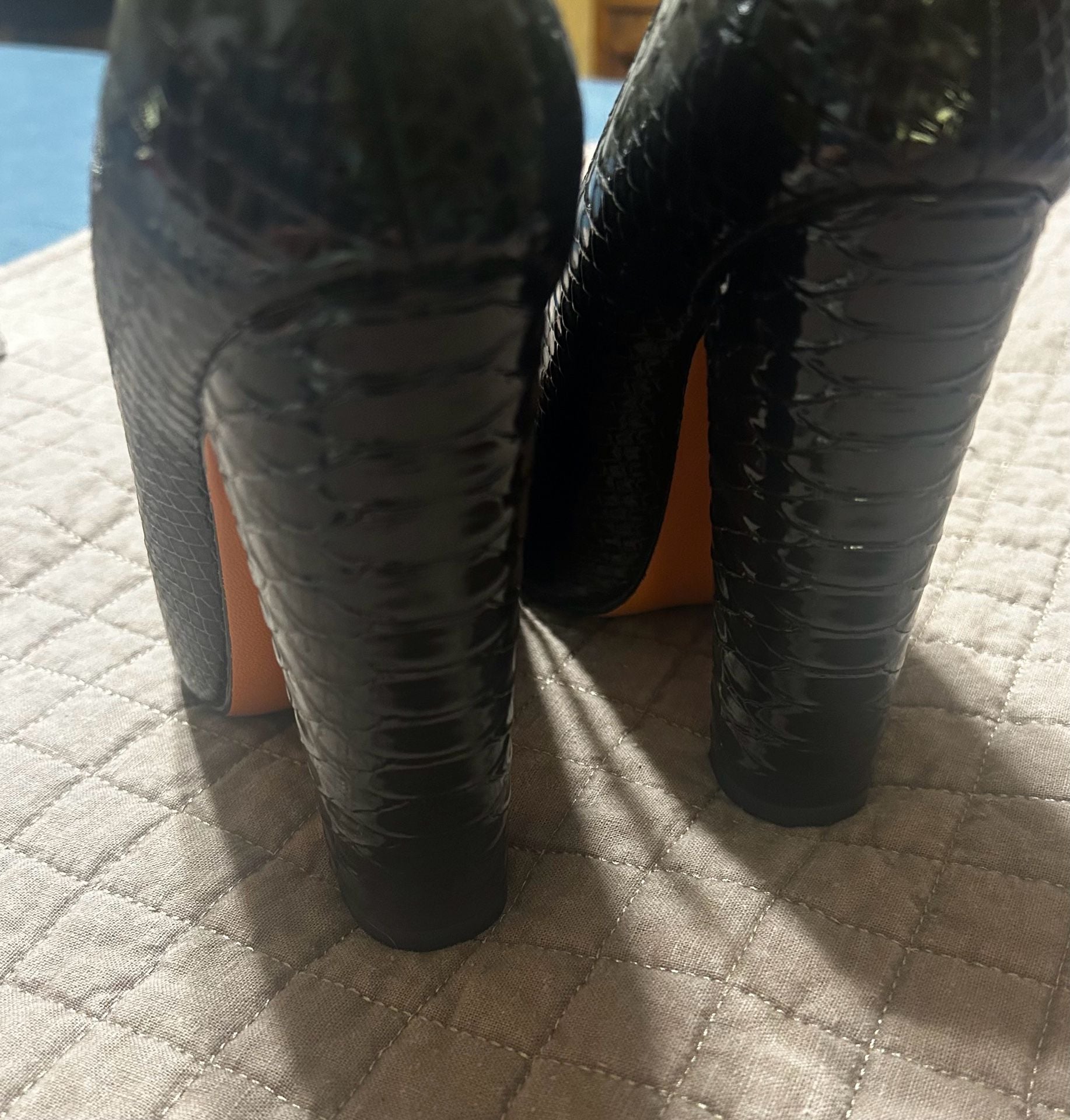 Wetkiss Black Faux Snakeskin Pointed Toe Block High Heel Pumps AN157 Sz 37 5