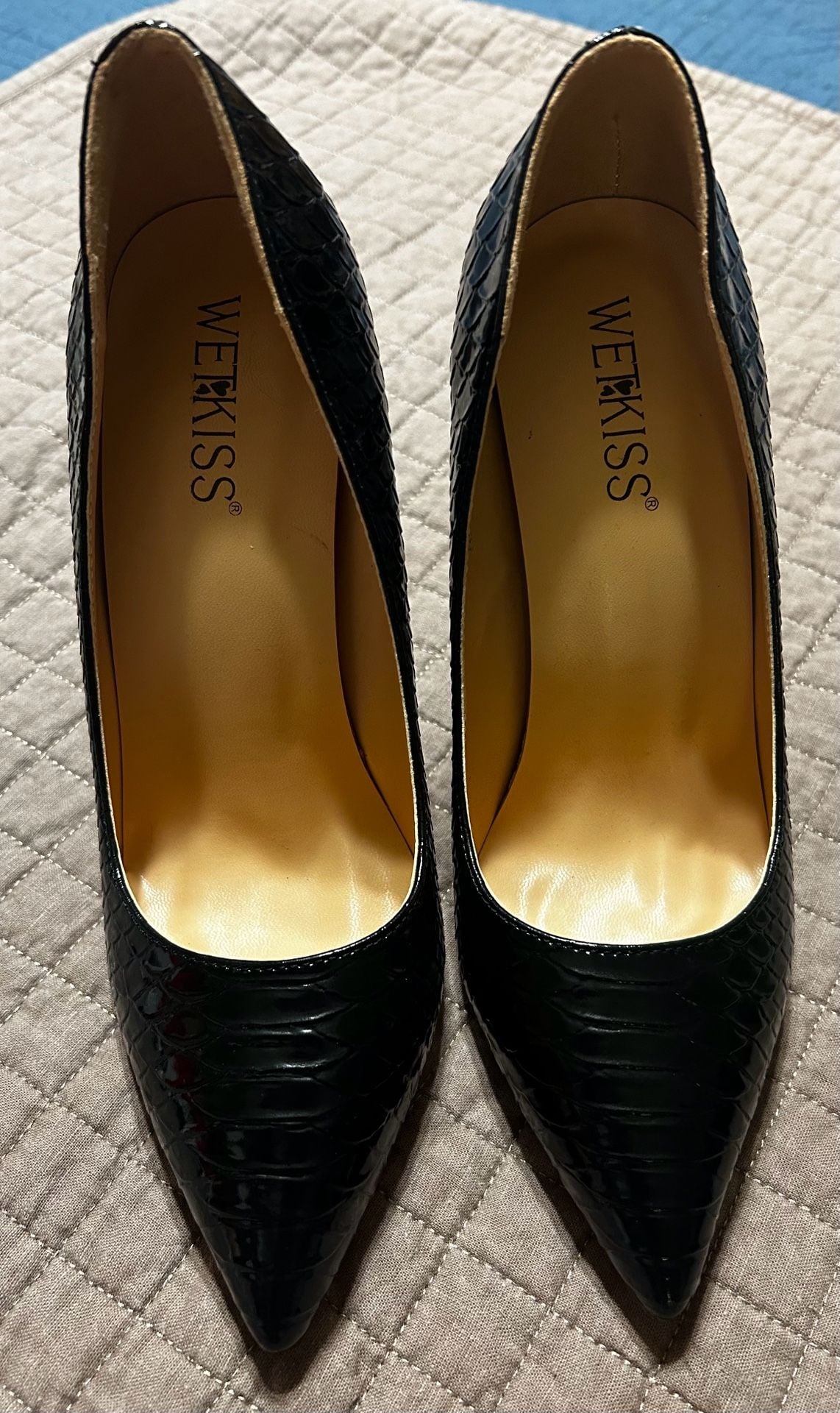 Wetkiss Black Faux Snakeskin Pointed Toe Block High Heel Pumps AN157 Sz 37 6