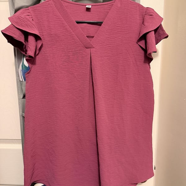 Your Style Women's V-Neck Ruffle Short Sleeve Textured Blouse Top