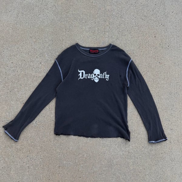 Vintage Dragonfly Company Skull Graphic Waffle Thermal Long Sleeve Shirt