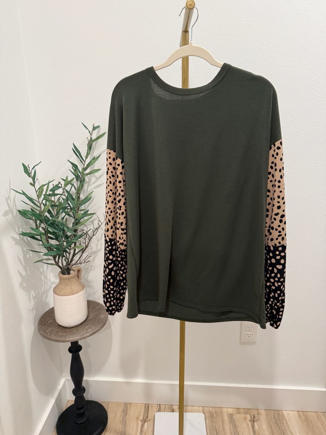 Heimish USA Olive Green Animal Print Patchwork Long Sleeve Top Size 1X 2