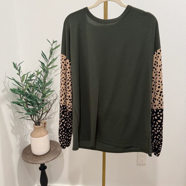 Heimish USA Olive Green Animal Print Patchwork Long Sleeve Top Size 1X