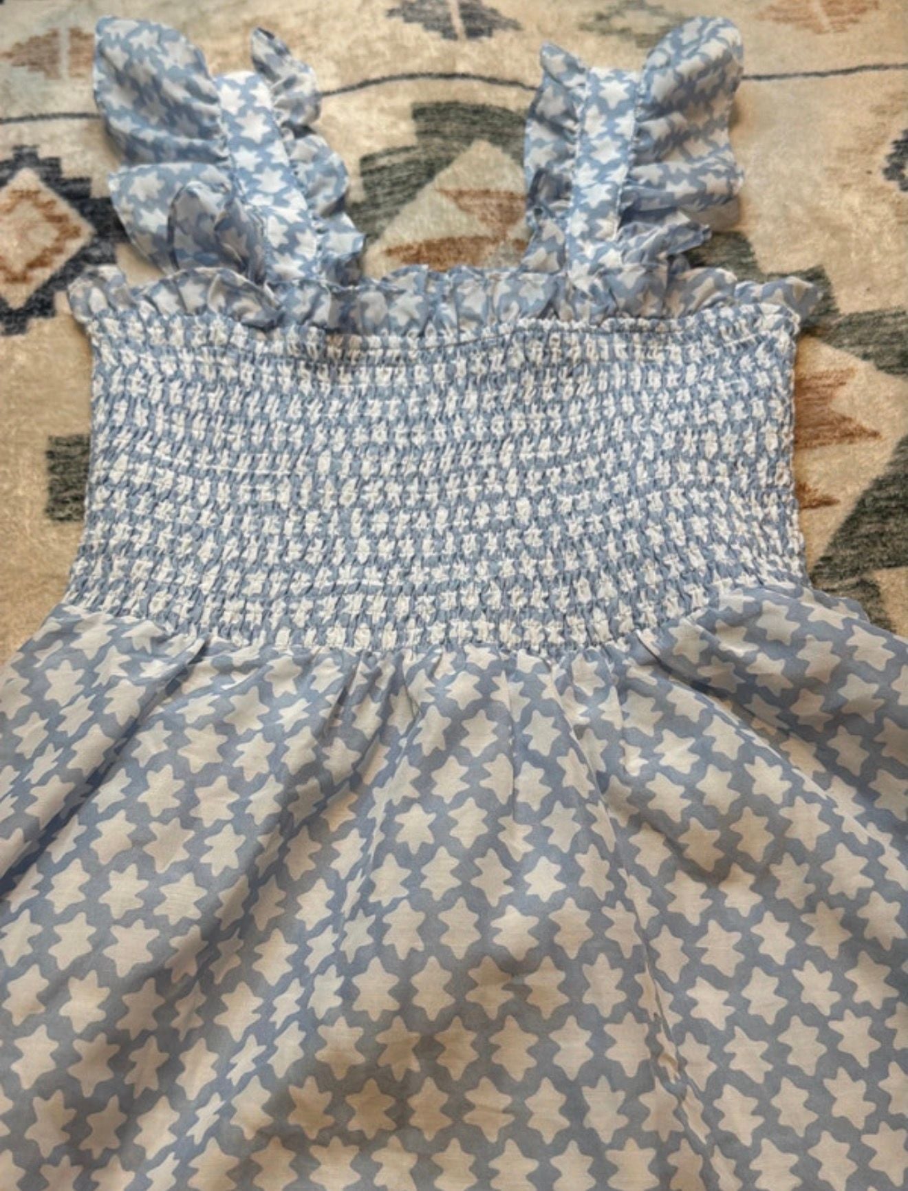 j.marie Blue and White Geometric Smocked Flutter Sleeve top 3