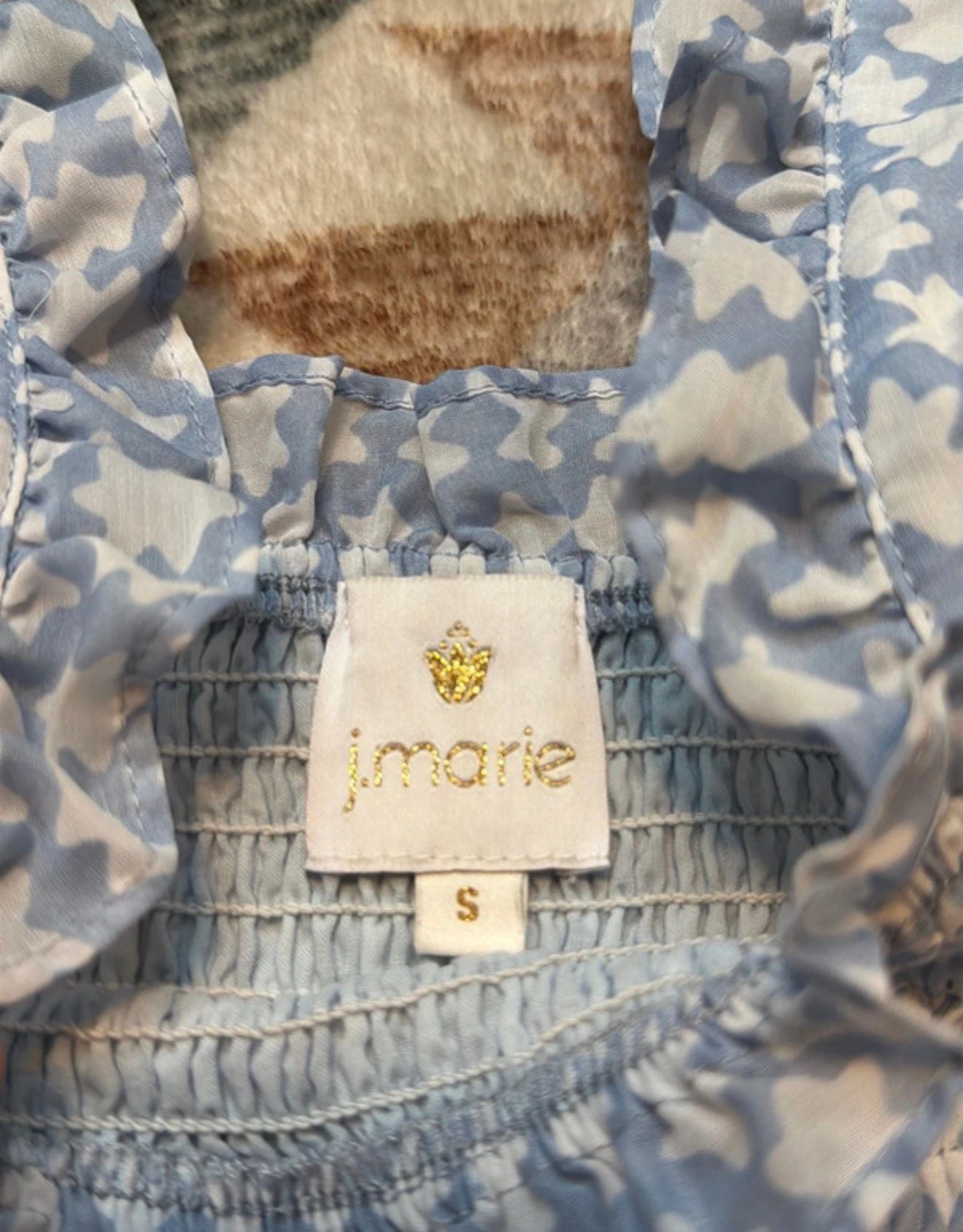 j.marie Blue and White Geometric Smocked Flutter Sleeve top 4