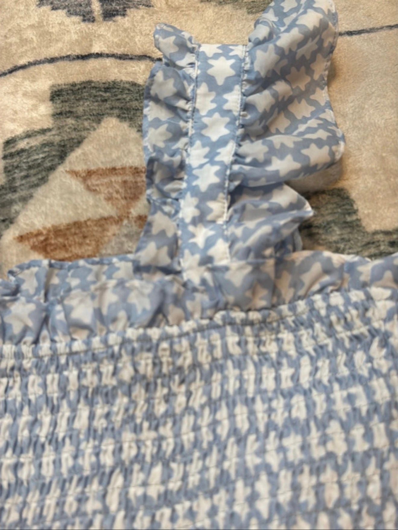 j.marie Blue and White Geometric Smocked Flutter Sleeve top 5