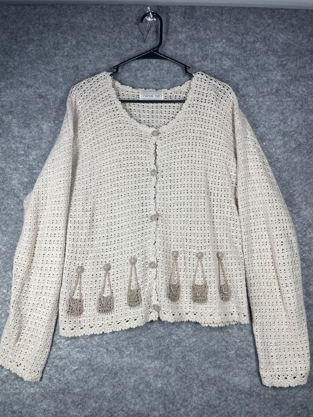 Vintage Mandal Bay Cream Crochet Knit Purse Applique Cardigan 2