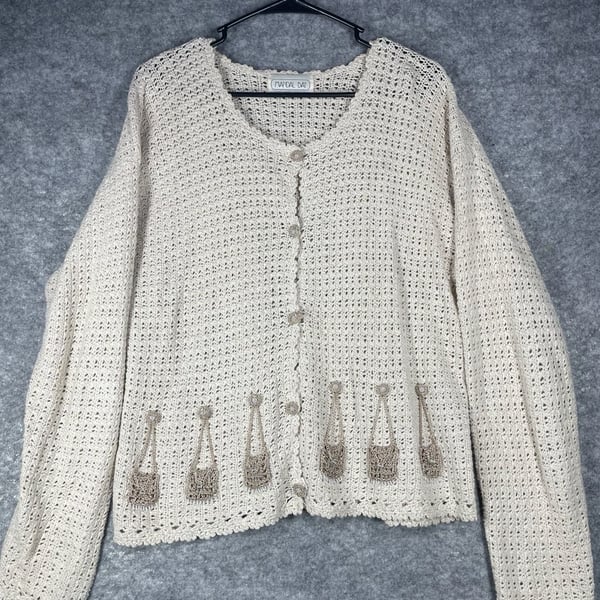 Vintage Mandal Bay Cream Crochet Knit Purse Applique Cardigan