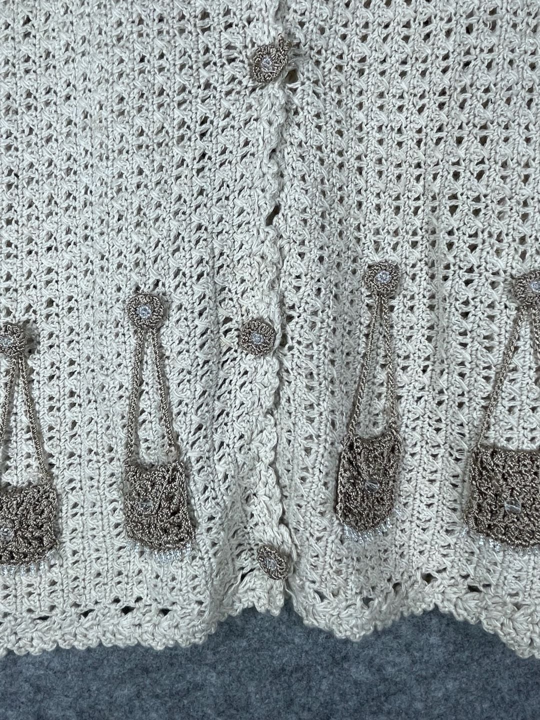 Vintage Mandal Bay Cream Crochet Knit Purse Applique Cardigan 4