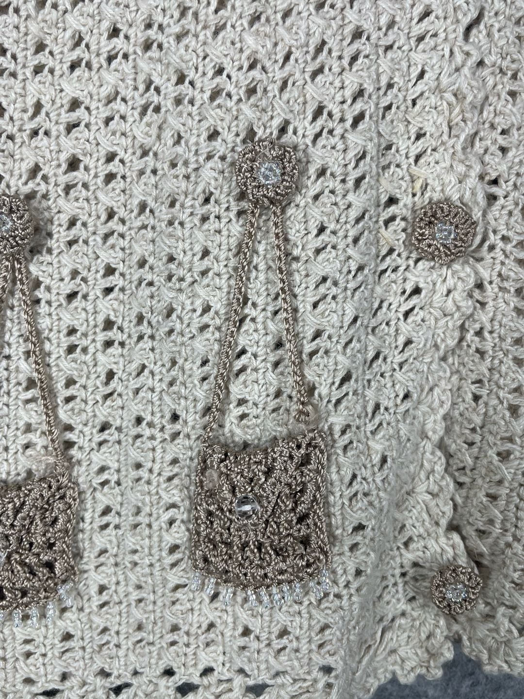 Vintage Mandal Bay Cream Crochet Knit Purse Applique Cardigan 5