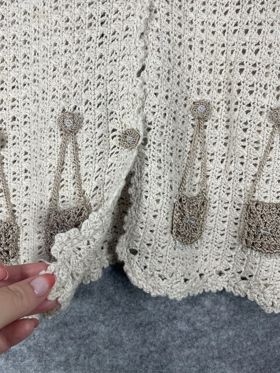 Vintage Mandal Bay Cream Crochet Knit Purse Applique Cardigan 6