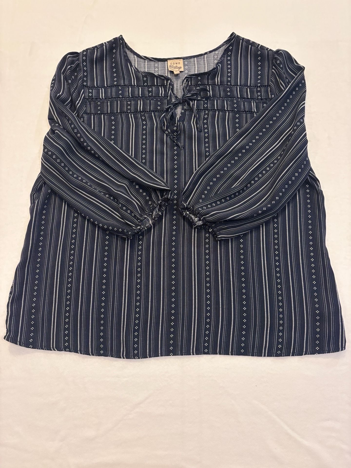 Como Vintage Women's Blue Striped Long Sleeve Tie Neck Blouse XL 2