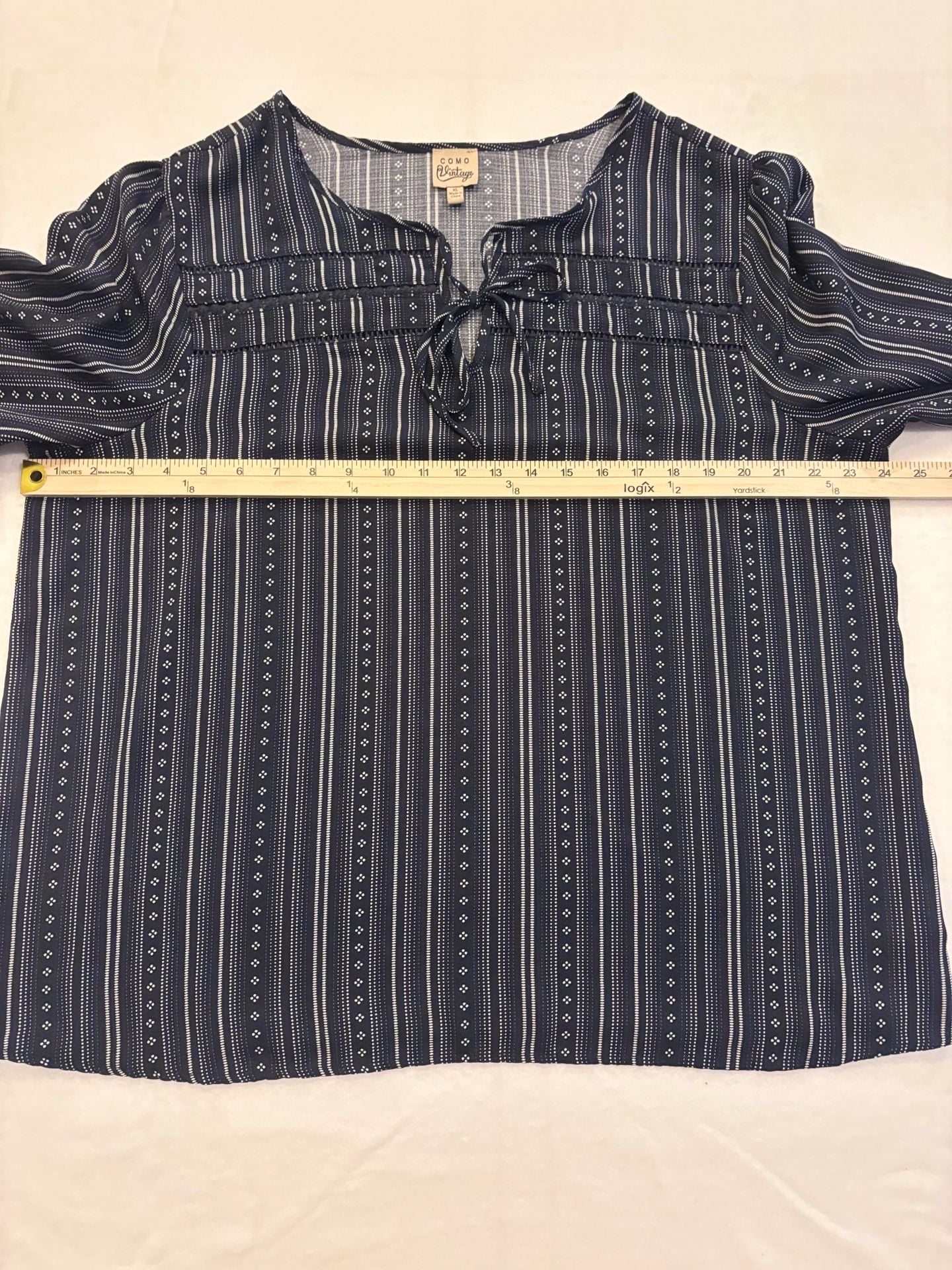 Como Vintage Women's Blue Striped Long Sleeve Tie Neck Blouse XL 4
