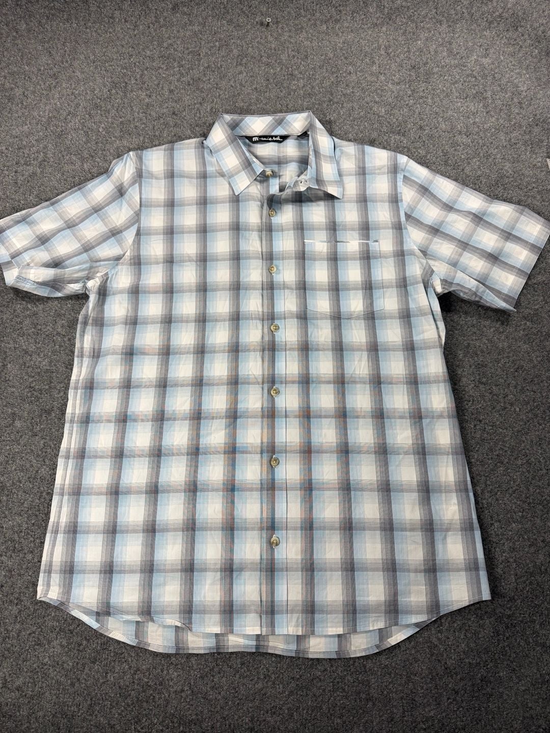 TravisMathew Blue Gray Plaid Short Sleeve Button Down Shirt Size L 6