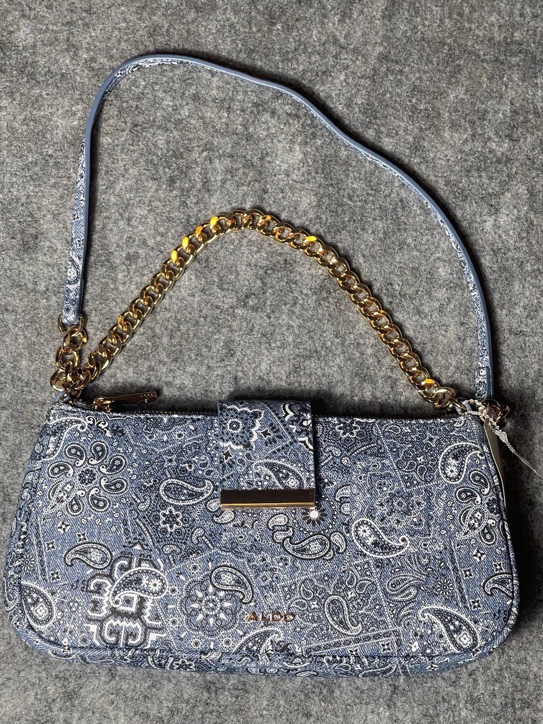 Aldo Blue Paisley Denim Shoulder Bag with Gold Chain Strap 3