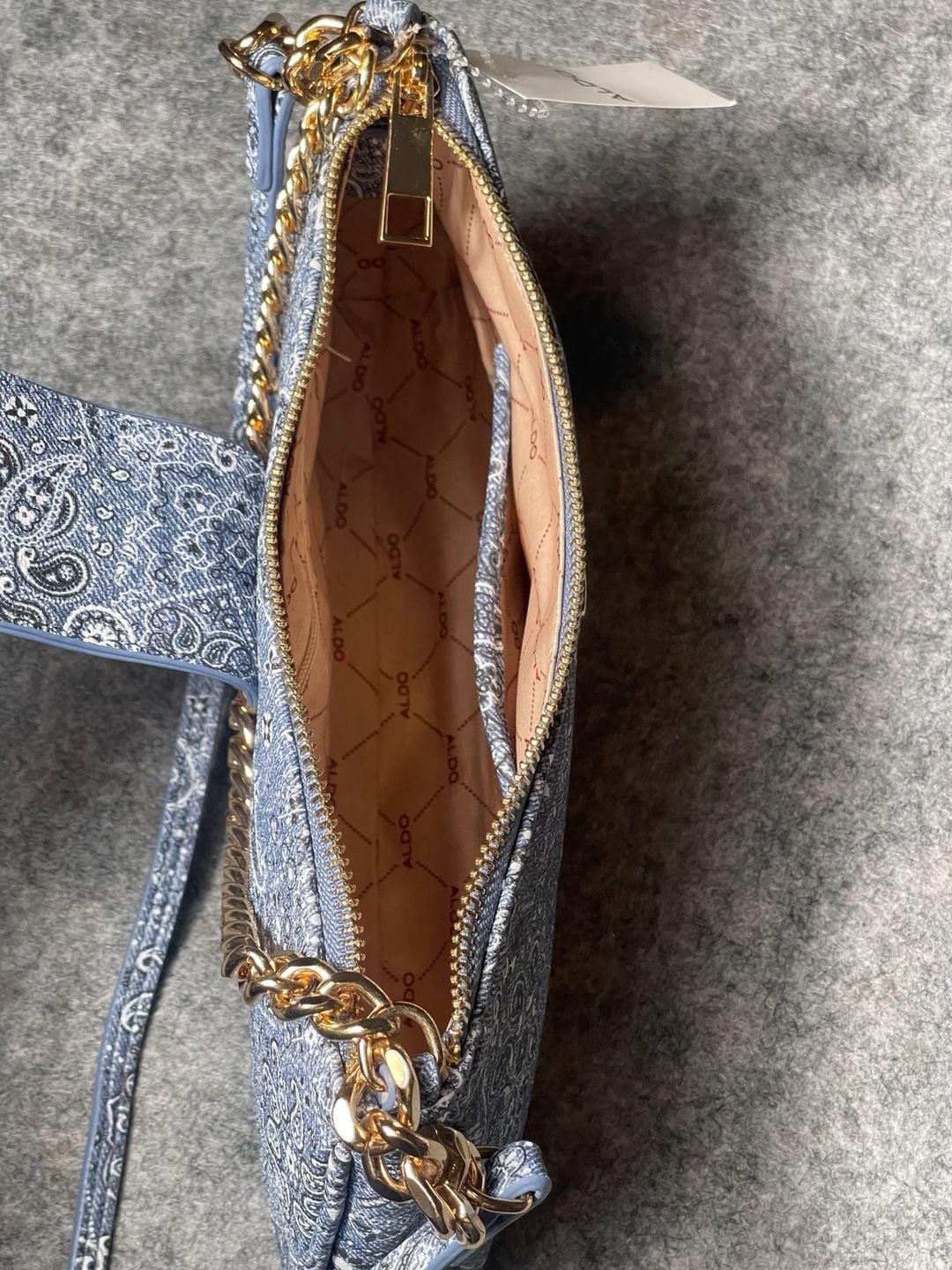 Aldo Blue Paisley Denim Shoulder Bag with Gold Chain Strap 5
