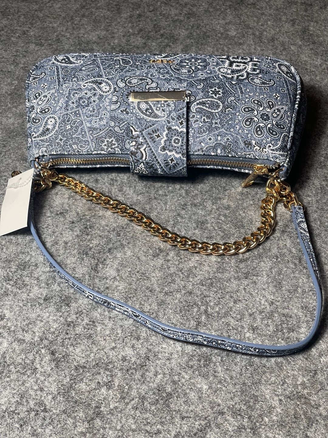 Aldo Blue Paisley Denim Shoulder Bag with Gold Chain Strap 7
