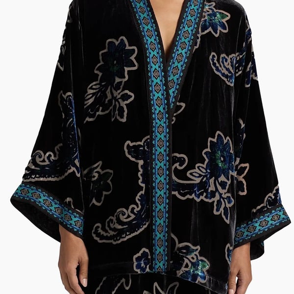 Johnny Was Merham Monade Burnout Velvet Kimono Size S Navy Floral NWT