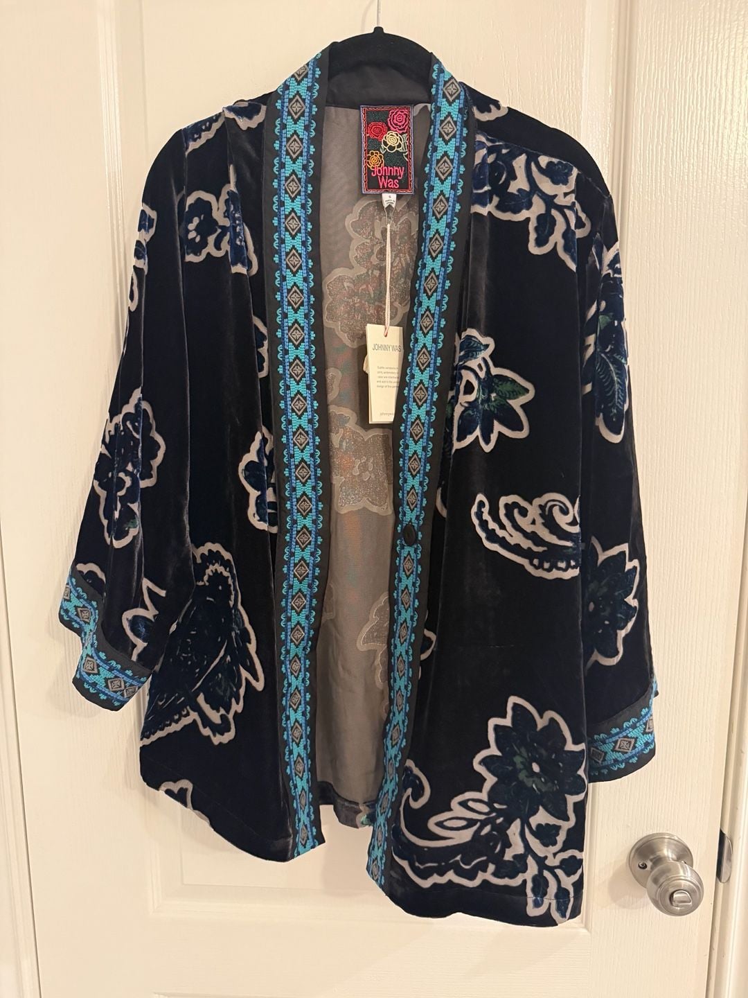 Johnny Was Merham Monade Burnout Velvet Kimono Size S Navy Floral NWT 3