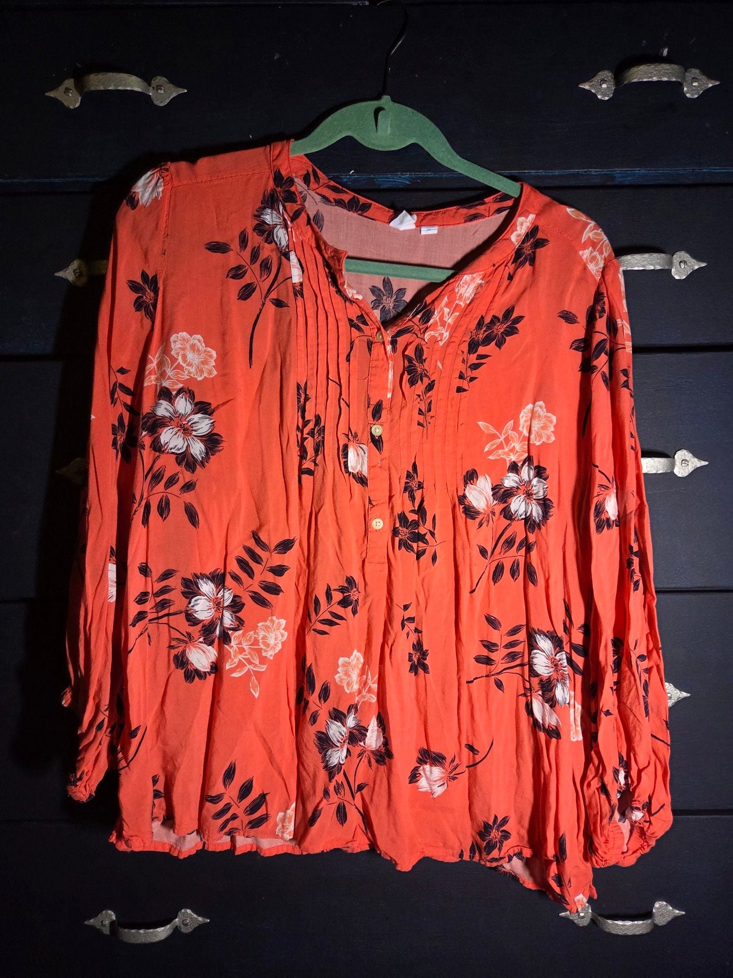 Gap Women's Orange Floral Print Long Sleeve Button Front Blouse Size XL 2