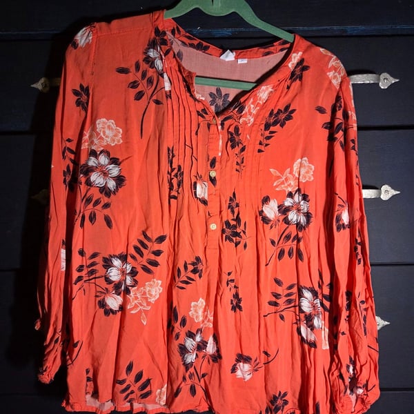 Gap Women's Orange Floral Print Long Sleeve Button Front Blouse Size XL