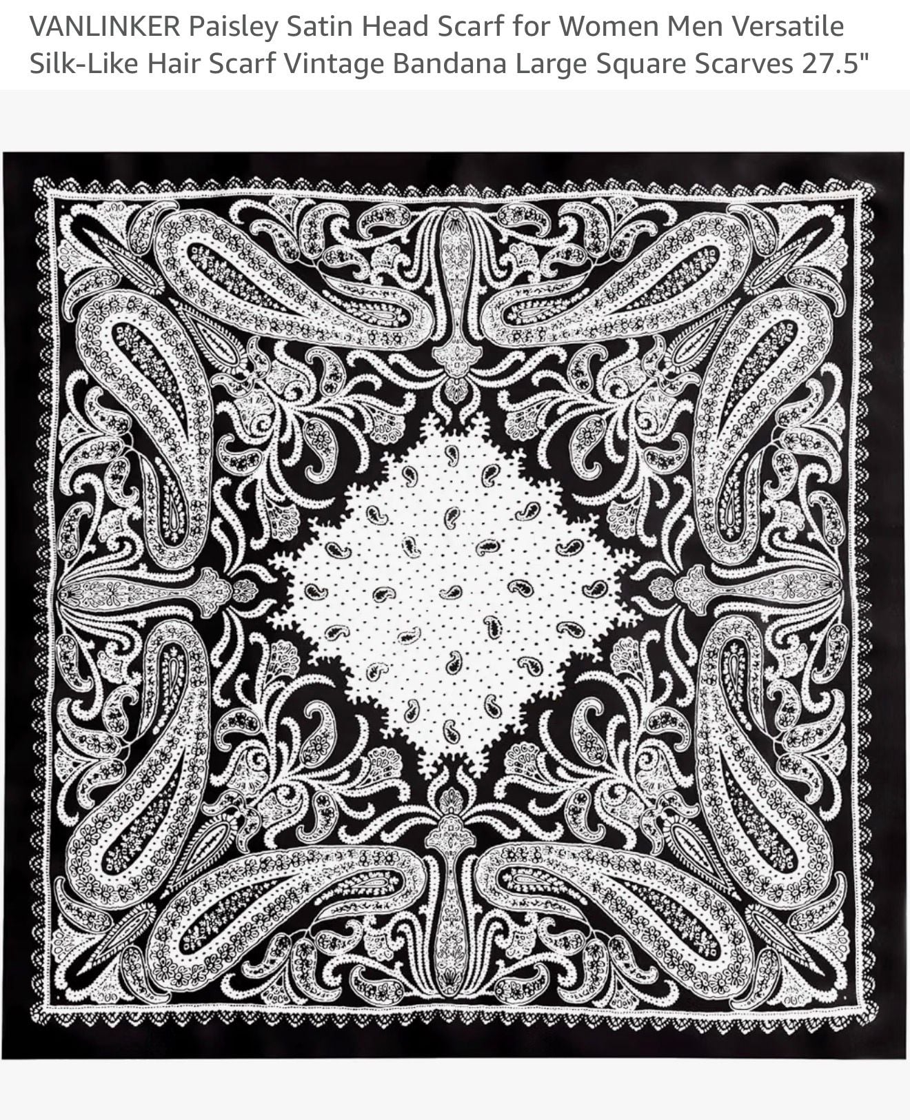Black and White Paisley Print Silk-Like Square Head Scarf Bandana 27.5" 1