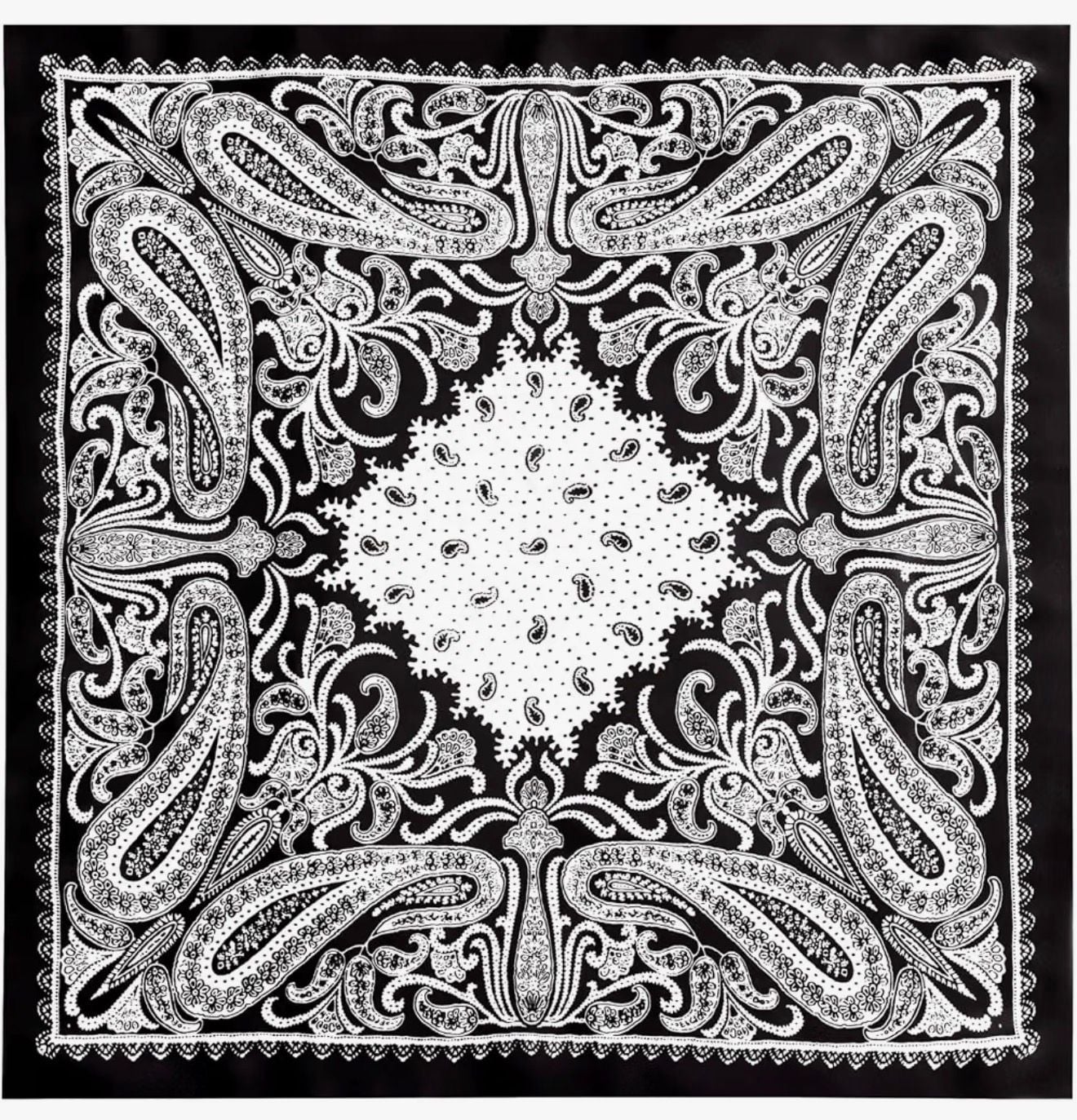 Black and White Paisley Print Silk-Like Square Head Scarf Bandana 27.5" 2
