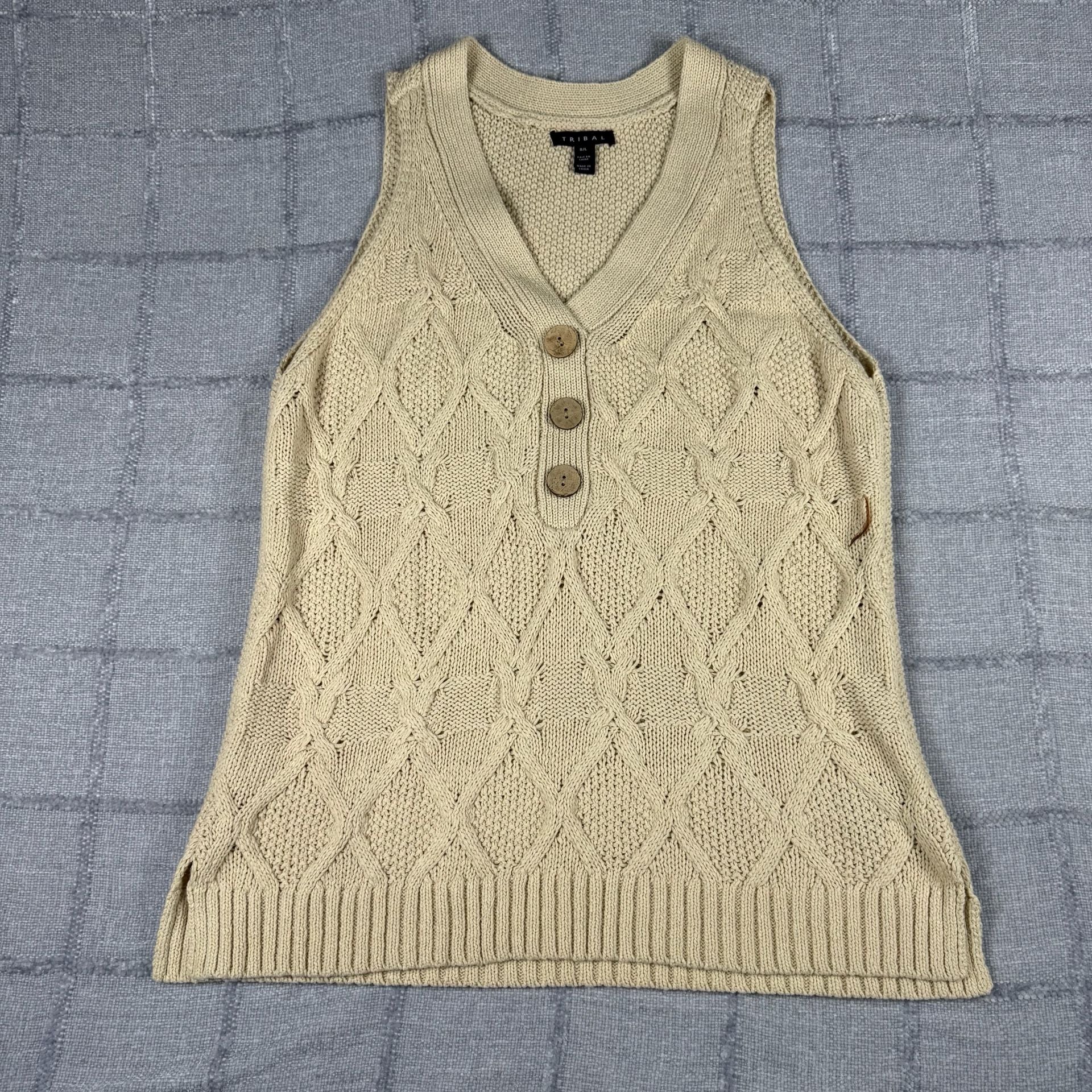 Tribal Beige Cable Knit Button Up V-Neck Tank Top Sweater Vest 2